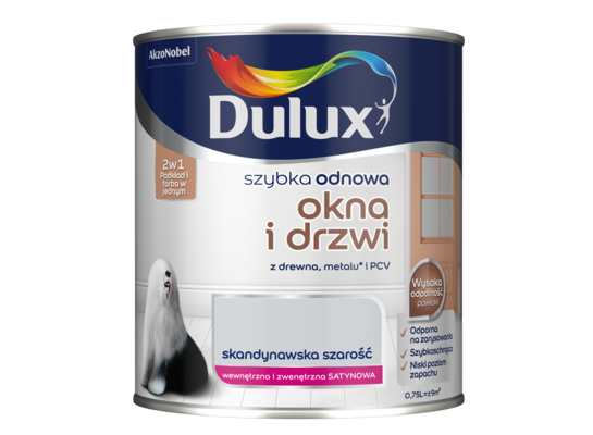 Farba akrylowa Dulux Szybka Odnowa Okna i Drzwi 0,75 l skandynawska szarość