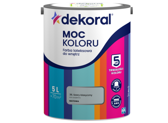 Farba lateksowa do wnętrz MOC KOLORU Szary klasyczny 5 l Dekoral