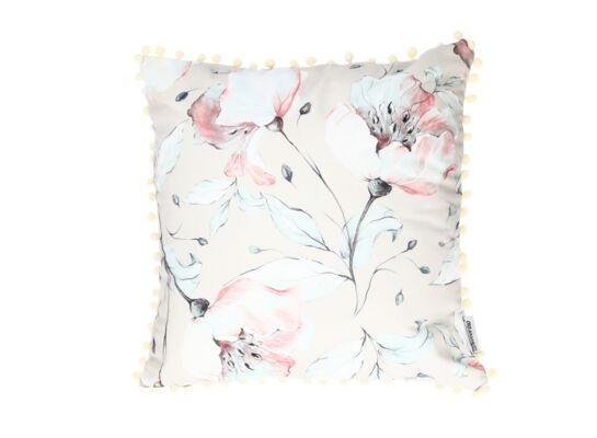 Poduszka beżowa 40 x 40 cm w kwiaty z pomponami