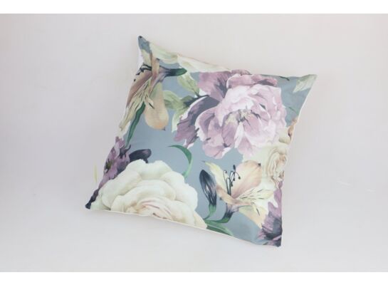 Poduszka niebieska 40 x 40 cm w kwiaty z pomponami