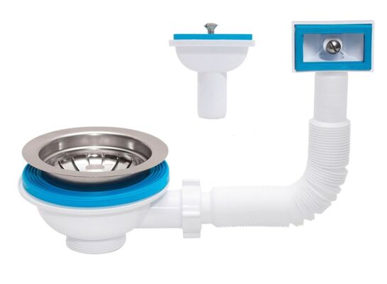 Spust zlewozmywakowy 3,5", trzpień stalowy, wyciągany korek cedzak, przelew wertykalny i horyzontalny