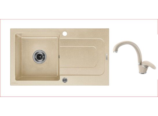 Zlewozmywak granitowy Funk piaskowy 76 x 44 cm z baterią Deante