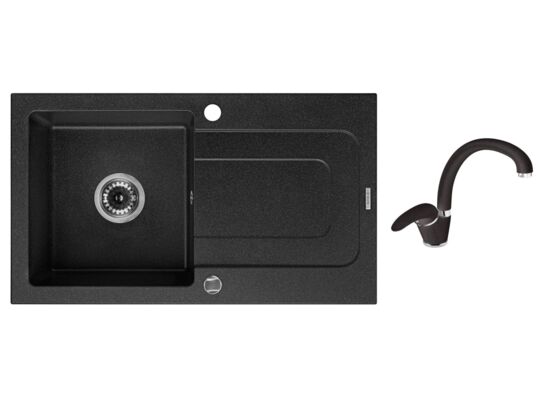 Zlewozmywak granitowy Funk grafitowy 76 x 44 cm z baterią Deante