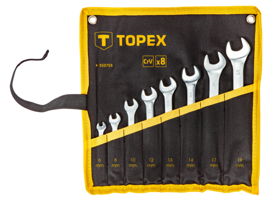 Klucze płasko-oczkowe 6-19 mm, zestaw 8 szt., w płachcie TOPEX