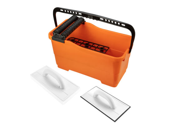 Zestaw glazurniczy: pojemnik z kratką i rolkami 25 l paca z gumą paca z gąbką miękką NEO