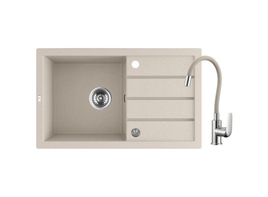 Zlewozmywak granitowy TRZYNASTKA 1 komora z ociekaczem 48 x 79 cm z syfonem i baterią elastyczną beż