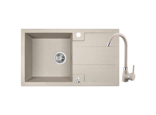 Zlewozmywak granitowy BARBADOS 1 komora z ociekaczem 44 x 76 cm z syfonem i baterią beż