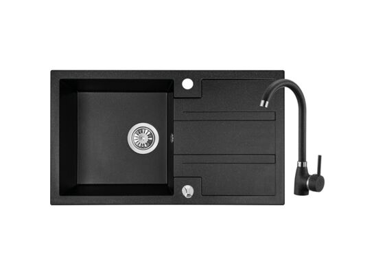 Zlewozmywak granitowy BARBADOS 1 komora z ociekaczem 44 x 76 cm z syfonem i baterią szary