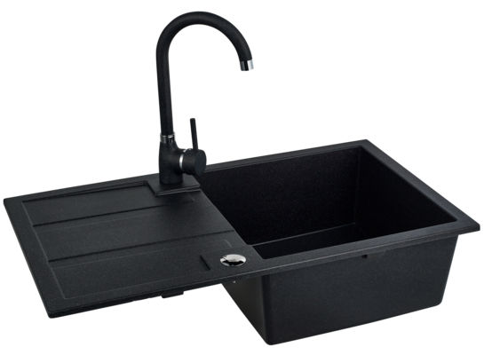 Zlewozmywak granitowy BARBADOS 1 komora z ociekaczem 44 x 76 cm z syfonem i baterią czarny
