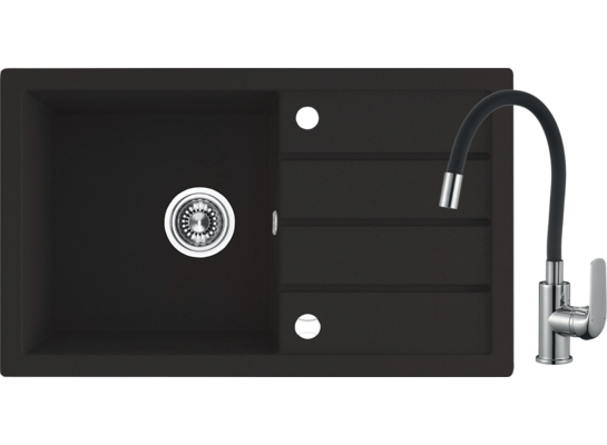Zlewozmywak granitowy TRZYNASTKA 1 komora z ociekaczem 48 x 79 cm z syfonem i baterią elastyczną czarny