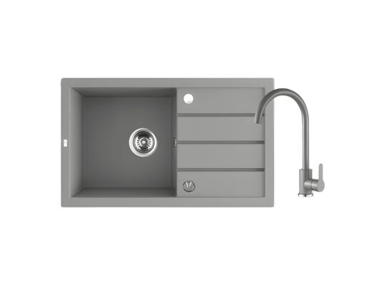 Zlewozmywak granitowy Trzynastka 1 komora z ociekaczem 48 x 79 cm z syfonem i baterią szary LAVEO