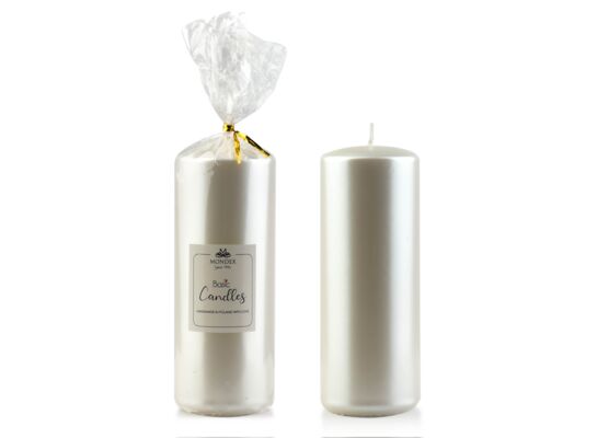 Świeca parafinowa 7 x 19 cm metalik biała perła