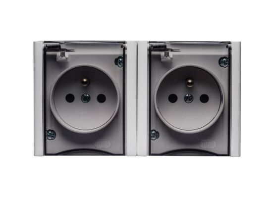 Gniazdo podwójne BRAVO z uziemieniem białe/dymne wieczko n/t GNH-2BZ IP54