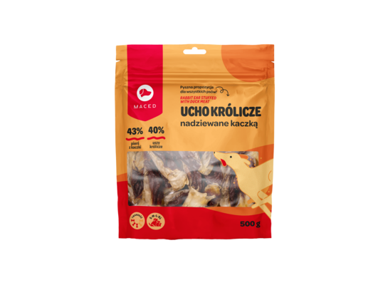 Karma uzupełniająca dla psów ucho królicze z kaczką 500 g Maced