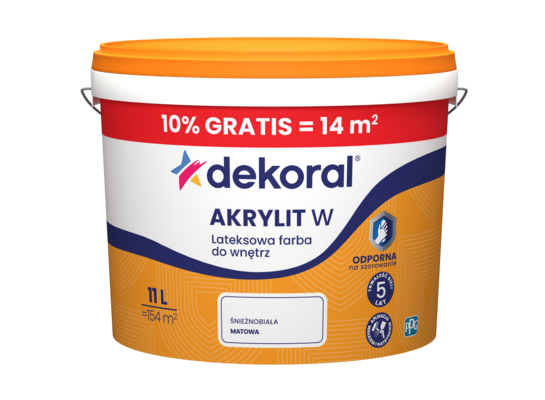 Farba lateksowa do wnętrz AKRYLIT W Śnieżnobiała 10 l plus 10% Dekoral
