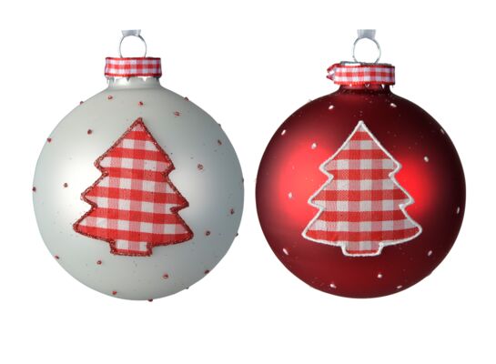 Bombka szklana dekorowana z choinką 8 cm 2 kolory