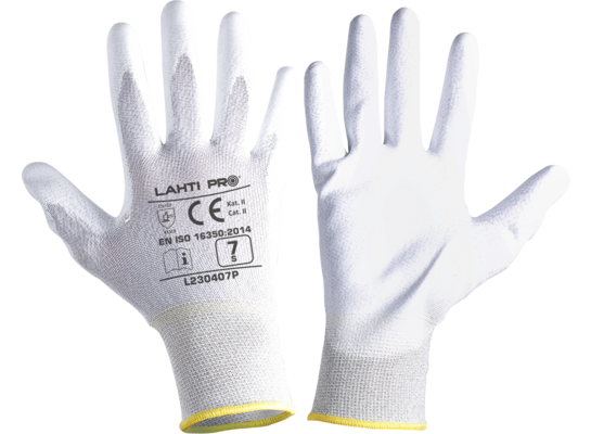 Rękawice PU antystatyczne białe L230407P, , "7", CE, LAHTI PRO