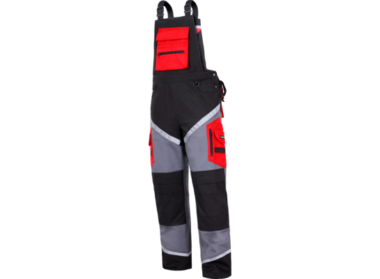 Ogrodniczki czarno-szaro-czerwone 100% bawełna z odblaskiem "XL"CE LAHTI PRO