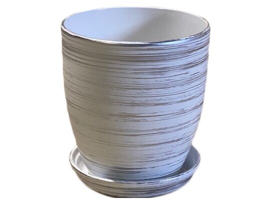 Doniczka Classic wysoka 19 cm ceramiczna biało-srebrna z podstawką