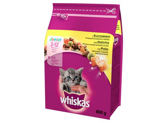 Karma dla kotów Junior pełnoporcjowa z kurczakiem przepyszne paszteciki z mlekiem 2-12 miesięcy 800 g Whiskas