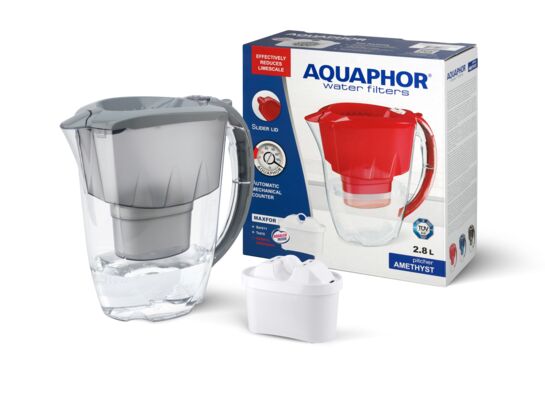Dzbanek filtrujący Aquaphor Amethyst 2,8 l + wkład B100-25 Maxfor ze wskaźnikiem wymiany wkładu szary