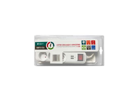 Listwa ochronna z wyłącznikiem 3 gniazda 2 x USB biała 1,5 m