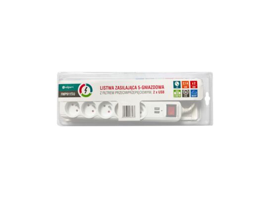 Listwa ochronna z wyłącznikiem 5 gniazd 2 x USB biała 1,5 m