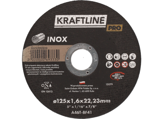 Tarcza do cięcia T41 125 x 1,6 x 22,23 mm inox  KRAFTLINE PRO