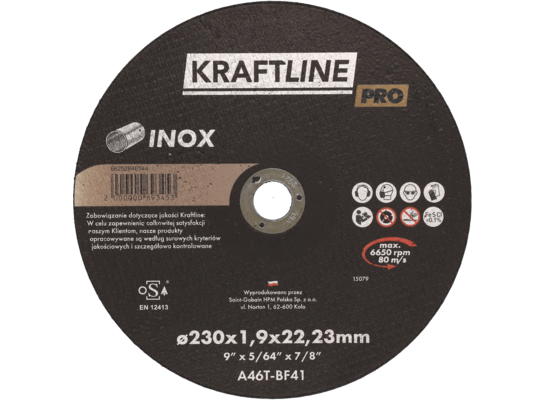 Tarcza do cięcia T41 230 x 1.9 x 22,23 mm inox  KRAFTLINE PRO