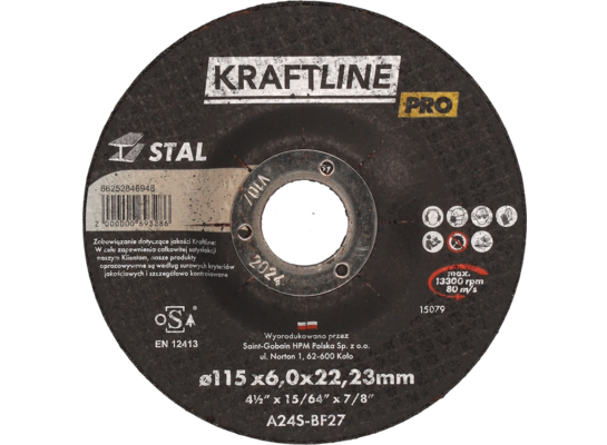 Tarcza do szlifowania T27 115 x 6 x 22,23 stal KRAFTLINE PRO