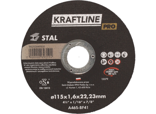 Tarcza do cięcia T41 115 x 1,6 x 22,23 mm stal KRAFTLINE PRO