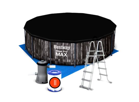 Basen stelażowy Ø366 x 100 cm z drabinką, pompą, pokrywą i matą Bestway