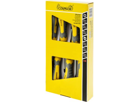 Wkrętak, SL3 x 75 mm, SL5 x 100 mm, SL6 x 150 mm, PH0 x 75 mm, PH1 x 100 mm, PH2 x 150 mm, zestaw: 6 sztuk Condor