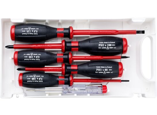 Wkrętak elektrotechniczny SL 3 x 4 x 100 mm, SL 5,5 x 125 mm, PH 1 x 80 mm, PH 2 x 100 mm próbnik, zestaw: 6 sztuk