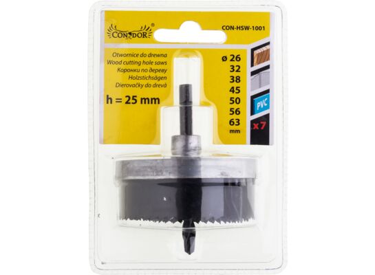 Otwornica do drewna 26 - 63 mm h 25 mm, zestaw: 7 sztuk Condor