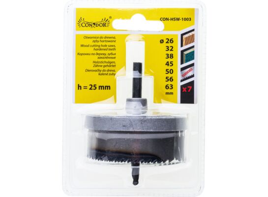 Otwornica do drewna 26 - 63 mm h 25 mm zęby hartowane, zestaw: 7 sztuk Condor