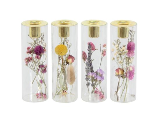 Świecznik szklany suszone kwiaty 16 x 5 cm