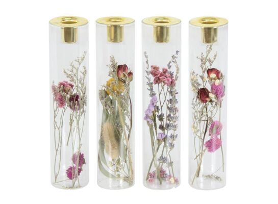 Świecznik szklany suszone kwiaty 23 x 5 cm