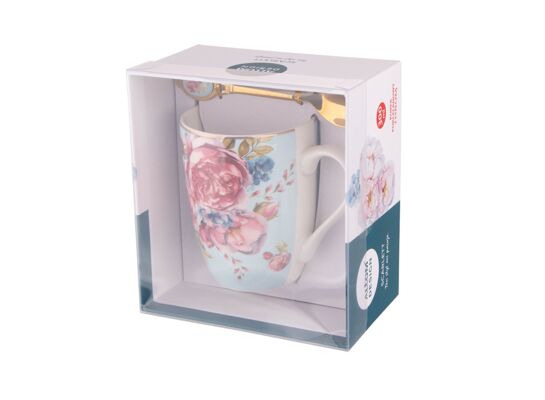 Kubek Scarlett ze złotą łyżeczką NBC 300 ml błękitny color box