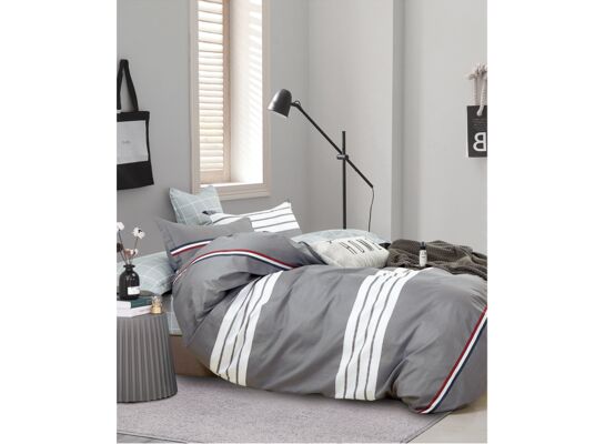 Pościel LILI bawełna satynowa 200 x 220 cm+70 x 80 cm x2 szara, białe paski