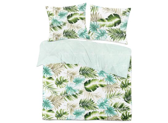 Pościel LILI bawełna satynowa 200 x 220 cm+70 x 80 cm x2 biała, zielone liście