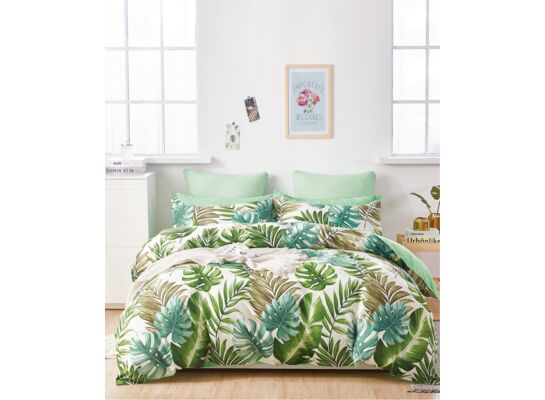 Pościel LILI bawełna satynowa 160 x 200 cm+70 x 80 cm x2 biała, zielone liście