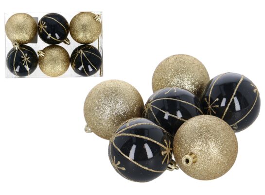 Bombki plastikowe 6 cm złoty / czarny 6 sztuk