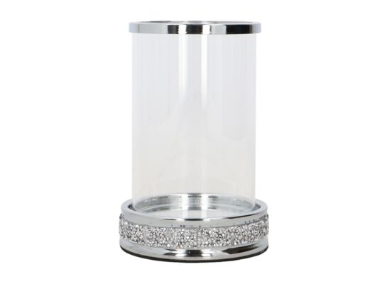 Lampion szklany glamour z cyrkoniami 14 x 14 x 21 cm srebrny