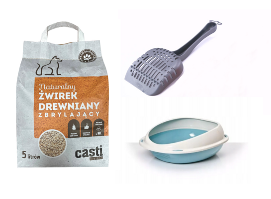 Zestaw do higieny kota kuweta żwirek i łopatka CASTI
