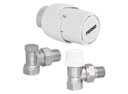 Zestaw termostatyczny kątowy z głowicą GT20 i zaworem powrotnym