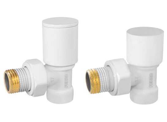 Zawory grzejnikowe zasilanie + powrót kątowy biały