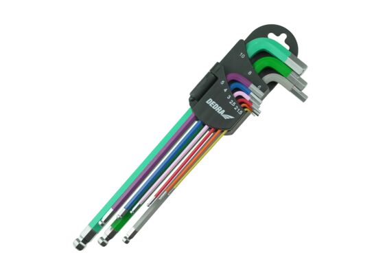 Zestaw kluczy sześciokątnych z kulką extra-długich 9szt, kolor, S2, 1.5-10 mm DEDRA
