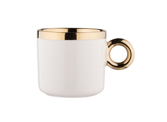 Kubek porcelanowy 350 ml z złotym uchem i obwódką kremowy