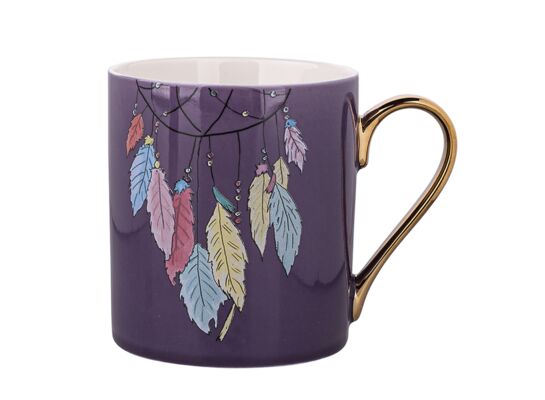 Kubek prosty ze złotym uchem Exotic 300 ml pióra fioletowy